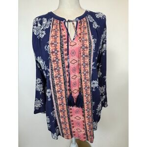 Mason Belle Top XL Boho Flowy Navy Pink Floral Tassels Long Sleeve Rayon Blouse